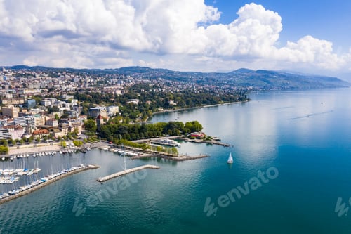 Preview: Aerial view of Ouchy waterfront in Lausanne, Switzerland
