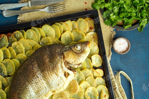 Preview: Baked carp, whole fish from the oven with sliced potatoes on a large tray. Traditional polish dish