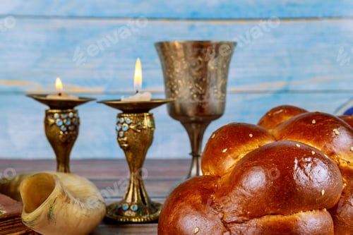 Preview: Shalom shabbat eve candles with challah and wine