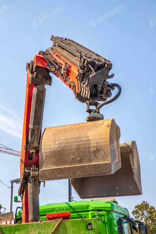 Preview: Industrial background. Truck crane excavator bucket.