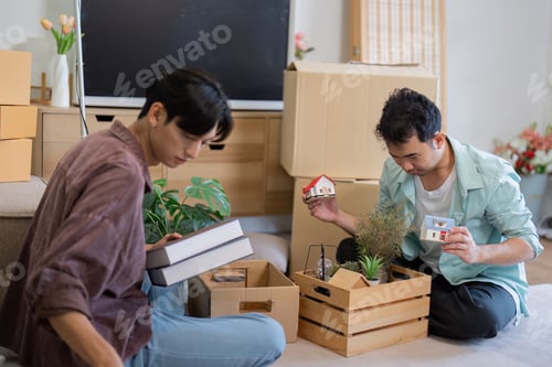 Preview: Gay couple unpacking decor items and miniatures in their new home.