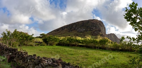 Preview: Easter Island. Volcano Ranu Raraku moai quarry on Rapa Nui. Panoramic view landscape