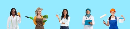 Preview: Female Jobs. Various women in their work uniforms posing on blue background,