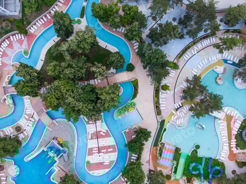 Preview: Aerial view of a large and empty Water park with various Water slides and pools. Albena, Bulgaria