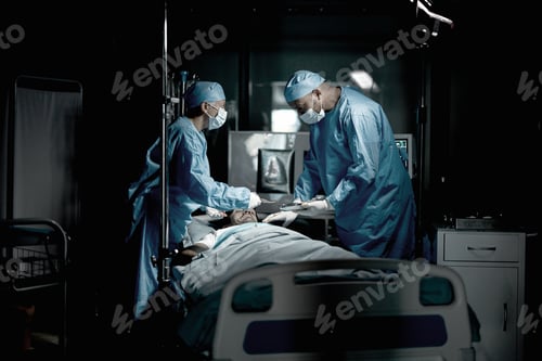 Preview: Surgery, doctors and surgeon in medical theatre for teamwork, expert services or emergency in dark