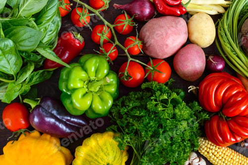Preview: A lot of fresh organic vegetables on a wooden background