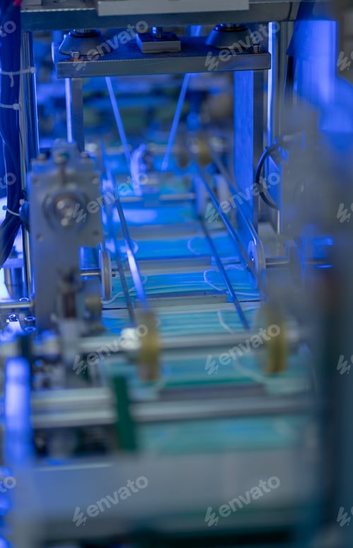 Preview: Part of conveyor belt of hygiene mask of the machine with blue light during work