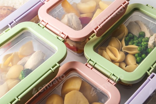 Vista previa: Plastic boxes with prepared meal on table