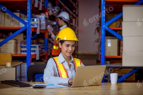 Preview: Portrait industry workers posing happy under inspection and checking production process on factory w