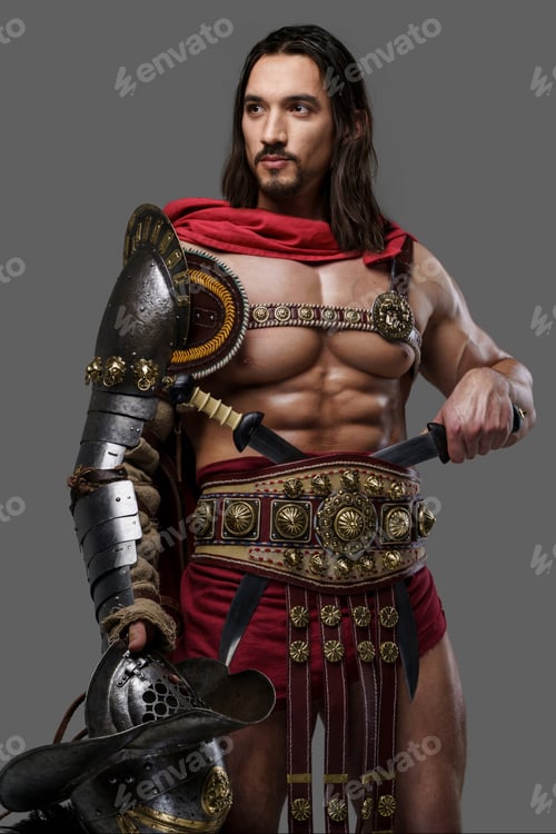 Preview: Gladiator with a stylish beard wears lightweight intricate armor