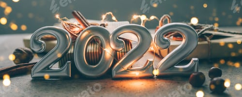 Visualização: Cartão de Natal e Ano Novo. Número 2022 em fundo de férias. Fundo de bokeh de luzes de Natal