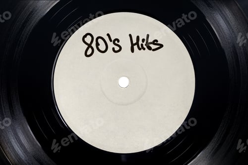 Preview: White label of LP vinyl record with 80's Hits text.