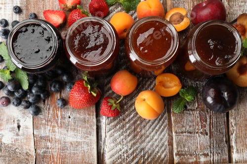 Preview: Different jams in jars and ingredients on wooden table, flat lay. Space for text