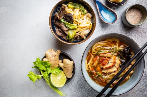 Preview: Delicious Ramen Bowls with Fresh Ingredients Overhead View