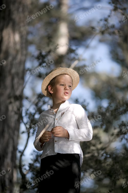 Preview: Small farm boy, smiling and looking at the camera, stands in forest. Cute kid boy in a straw hat