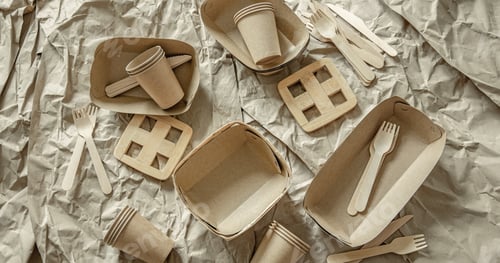 Preview: Composition with disposable ecological dishes and cutlery.