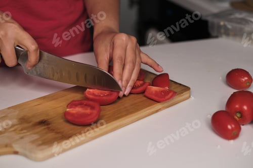 Preview: Hands holding a knife and slicing tomatoes on a wooden cutting board, emphasizing the preparation