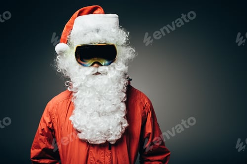 Preview: portrait of santa claus in ski mask and windbreaker standing isolated on grey background