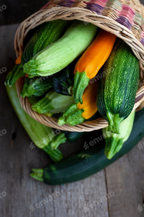 Preview: Multi-colored zucchini on the table. Vegetables harvest. Yellow and green zucchini in basket