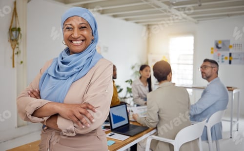 Preview: Ceo, Muslim woman and arms crossed portrait of business manager in a office with a smile. Company l