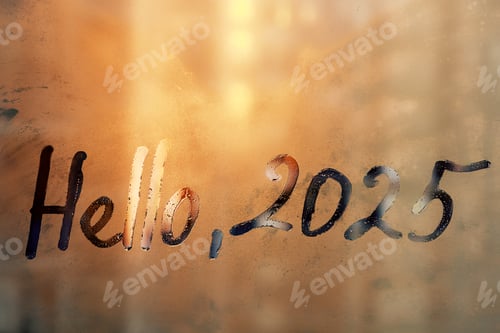 Preview: lettering Hello numbers 2025 new year paint on splashed by rain foggy glass on orange sunset window