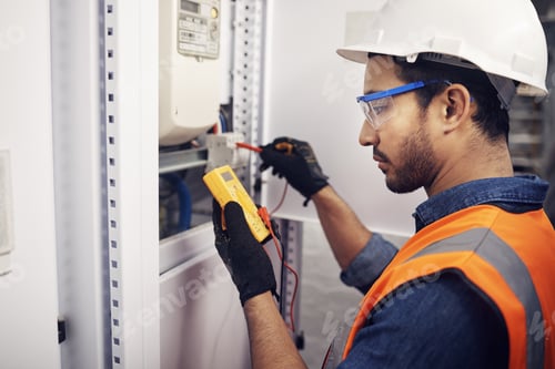 Preview: Technician, man and multimeter testing power for electricity, energy inspection and electrical syst