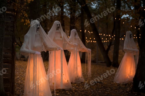 Preview: Halloween decorations, ghosts in white garments illuminated in the park