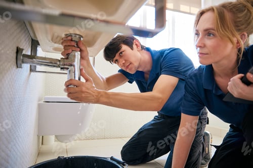 Preview: Female Plumber Holding Digital Tablet With Male Trainee Fixing Leak In Domestic Bathroom Sink