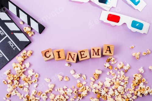 Preview: the word cinema, popcorn, clapperboard, 3D glasses and tickets top view flat lay on purple