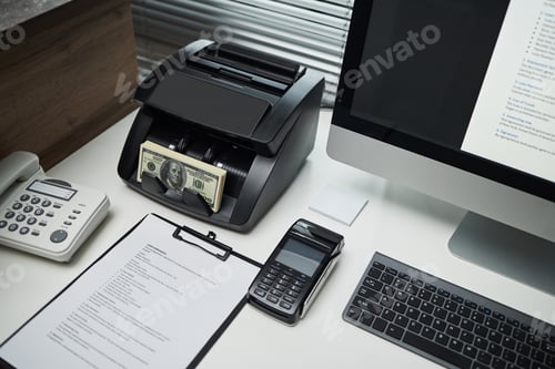 Preview: Electronic Bill Counter Processing Cash Money in Modern Bank Office Workspace