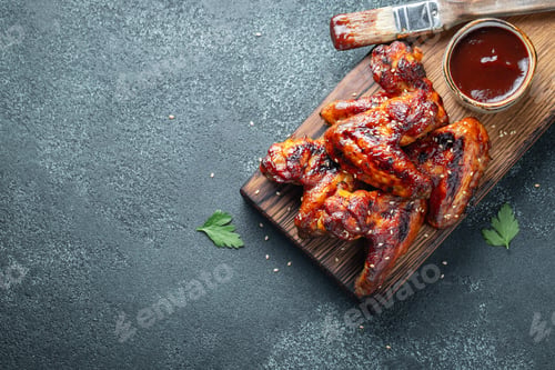 Preview: Baked chicken wings in barbecue sauce in a cast iron pan on an old wooden rustic table.