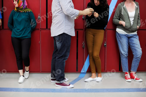 Preview: People Talking Together Relax on Hallway During Break Time