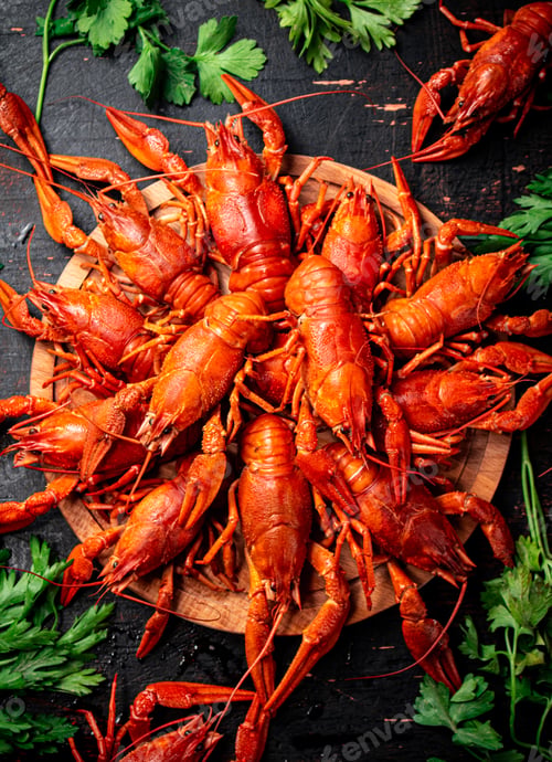 Preview: Boiled crayfish on a wooden cutting board with parsley.