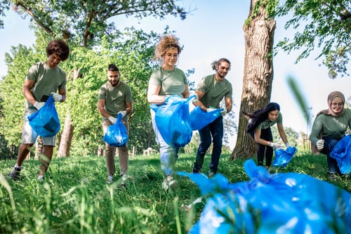 Preview: Multiethnic group of volunteers with garbage bags cleaning city park.