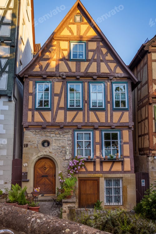 Preview: Vertical shot of an old-style stick frame house with flowers, Marbach am Neckar, Germany
