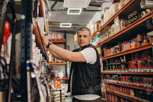 Preview: Caucasian consultant in uniform at hardware store. Male standing next to shelves with tools at store