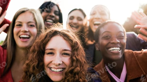 Preview: Group of multiracial friends having fun together looking at camera, Young women greeting on video