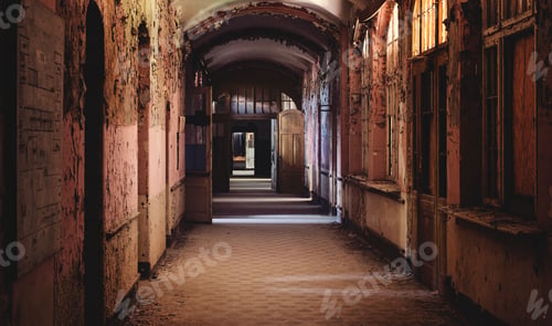 Preview: Long, dark corridor with peeling paint and crumbling walls