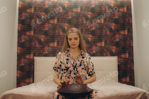 Preview: Woman Plays Handpan on Bed in Floral Pajamas