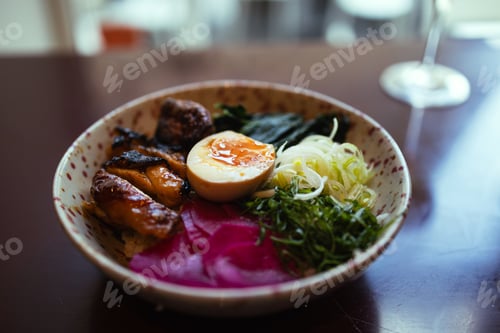 Preview: Japanese famous delicious ramen with different ingredients Noodle soup with shiitake, egg and pak