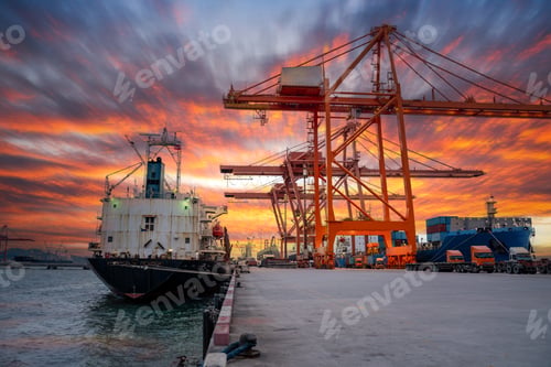 Preview: Crane loading cargo container freight container ship in the international terminal logistics