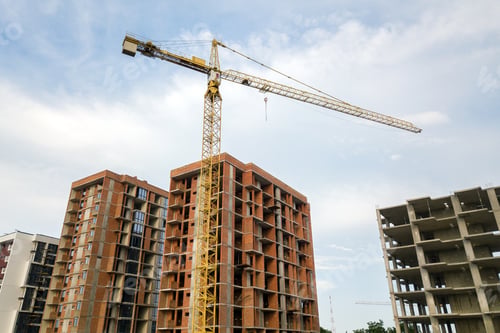 Preview: High-rise residential apartment buildings and tower crane under development on construction site