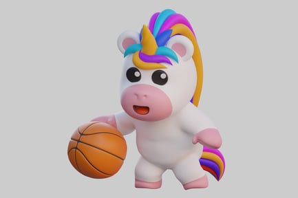 Visualização: Unicórnio dos desenhos animados jogando basquete