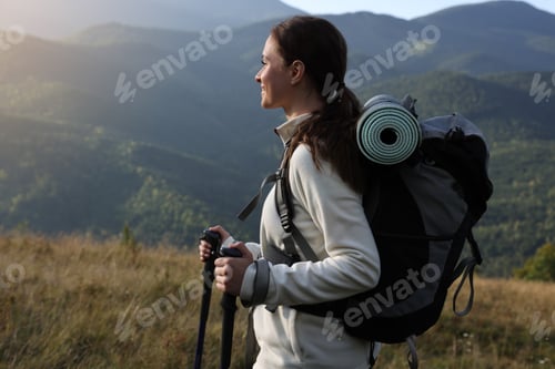 Preview: Tourist with backpack and trekking poles hiking through mountains, space for text