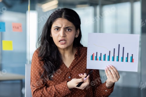 Preview: Webcam view, woman shows graph document with negative and unsatisfactory results. Businesswoman at