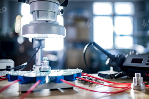 Preview: Modern microscope, connectors component and large green microcircuit in workshop laboratory