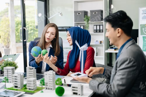 Preview: business team people planning and discussing on recycle reduce reuse policy symbol in office