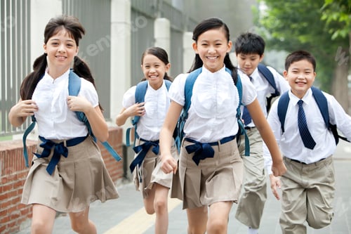 Preview: Lively schoolchildren in uniform on the way to school