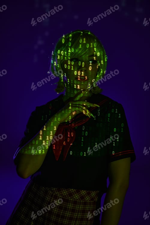 Preview: anime woman in students uniform in neon binary code projection on blue backdrop, hand near chin
