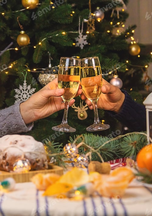Preview: Champagne on the Christmas table. Selective focus.